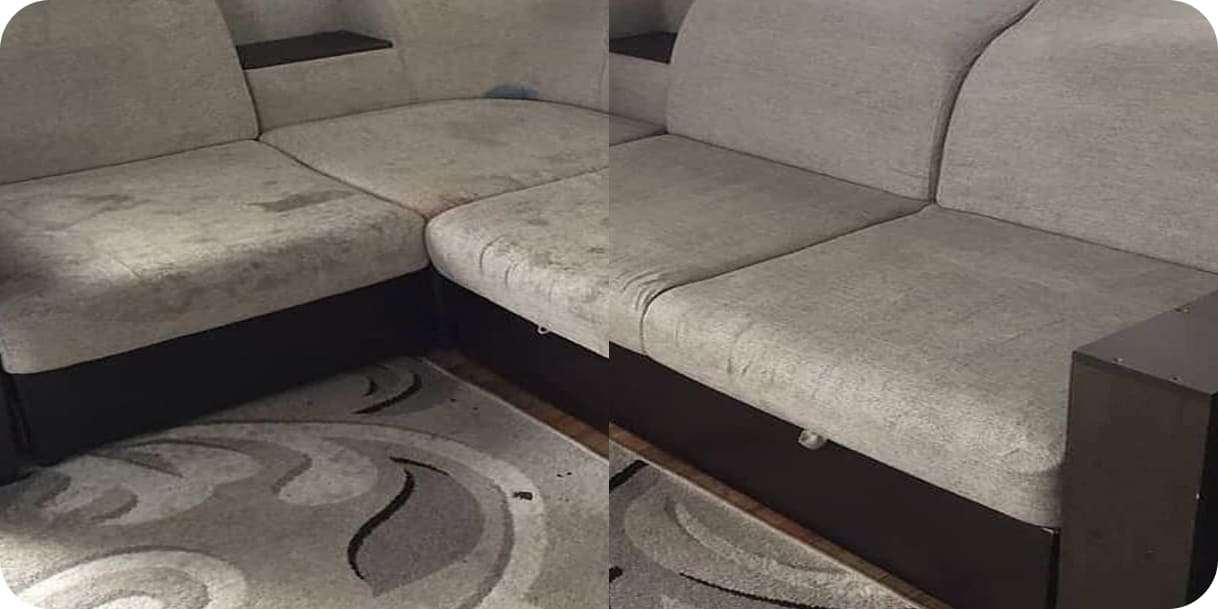 Результат до и после химчистки дивана на 2 места